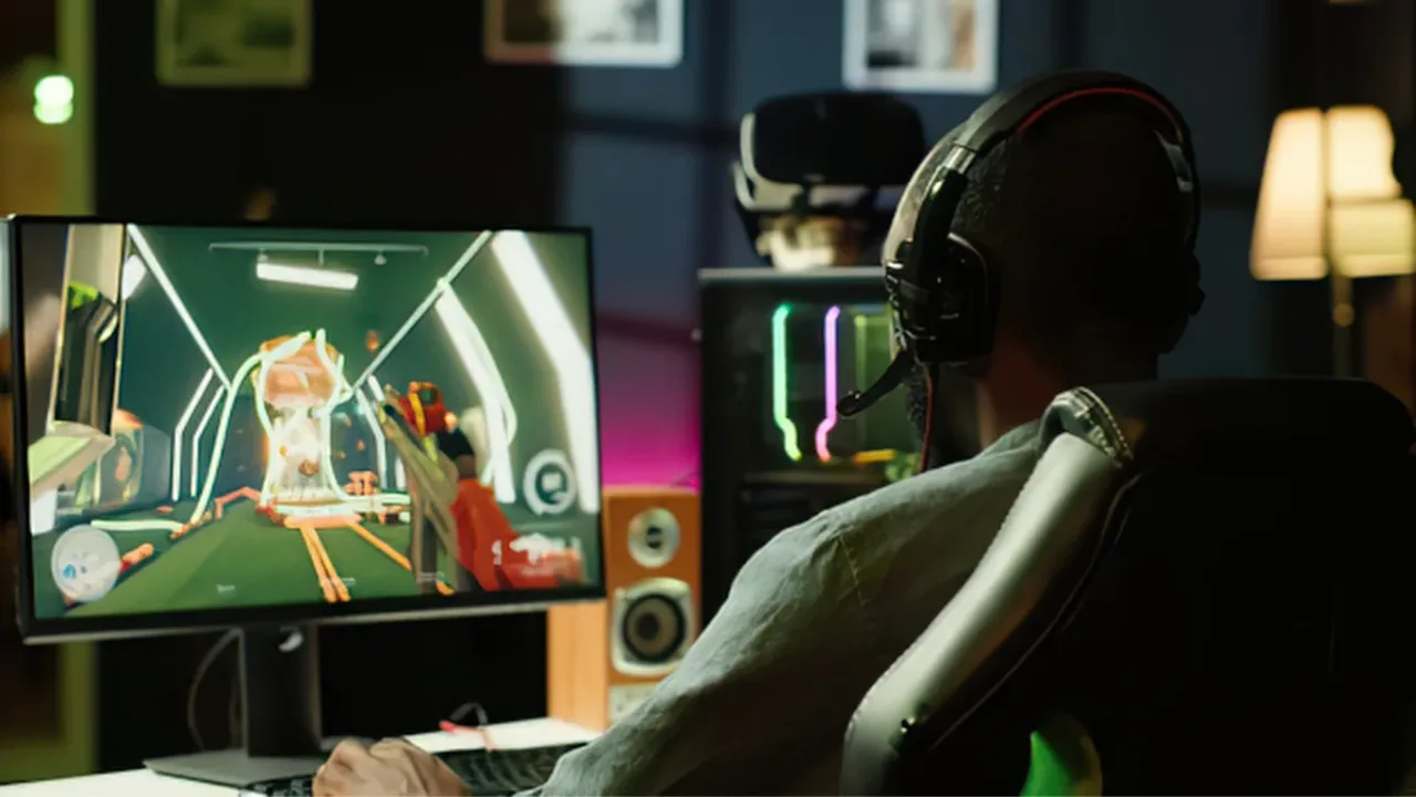 Person wearing headphones gaming on a PC with Virtual Surround Sound for immersive directional audio and enhanced spatial awareness.