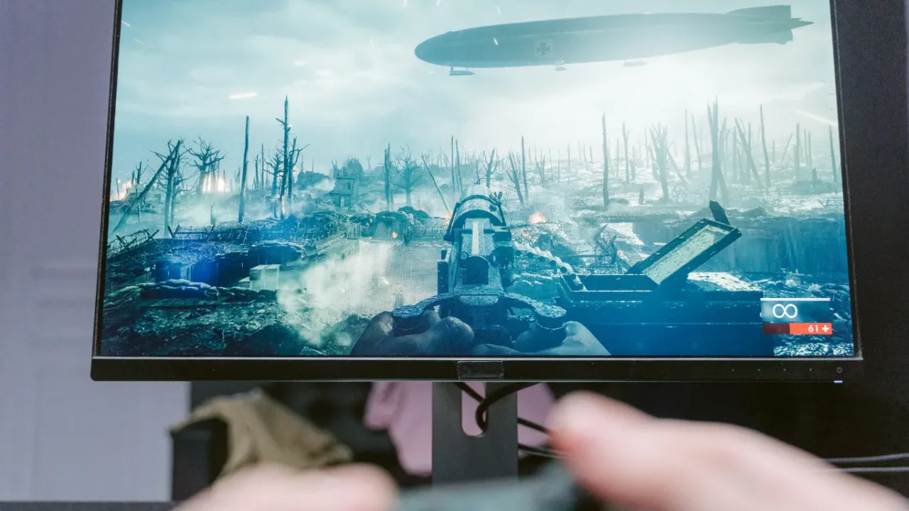 Gaming monitor showing a first-person shooter with Game Bar performance overlay concept, highlighting FPS monitoring and frame rate stability during gameplay.