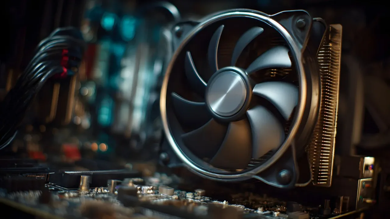 Close-up of a computer cooling fan mounted on a motherboard, illustrating fan curve configuration for balancing quiet operation and efficient cooling during gaming or heavy workloads.