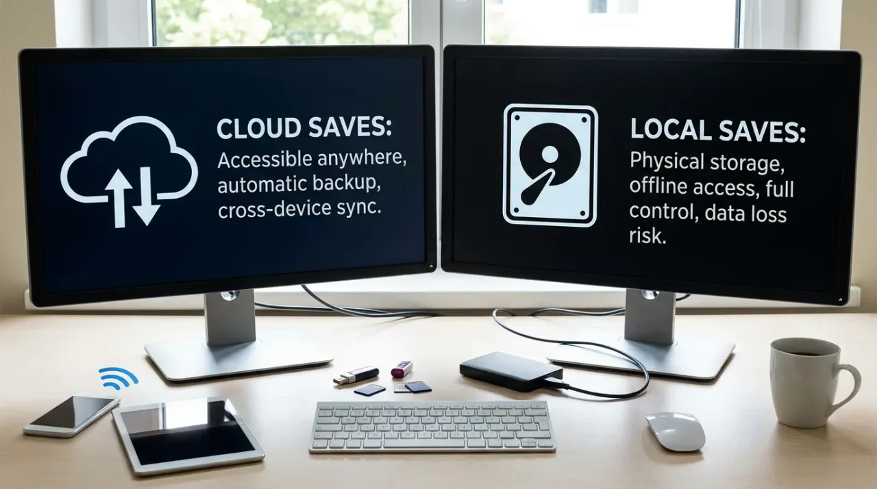 Dual monitors comparing Cloud Saves Versus Local Saves for game data backup and storage options.
