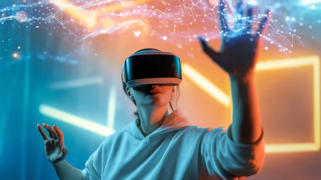 Person wearing a VR headset and interacting with a virtual environment, showcasing an immersive VR gaming experience.