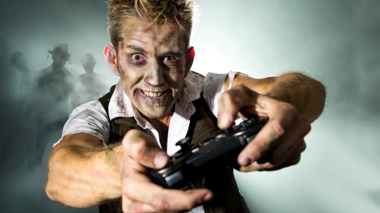 Intense gamer holding a controller with a zombie-themed background, representing Survival Games.