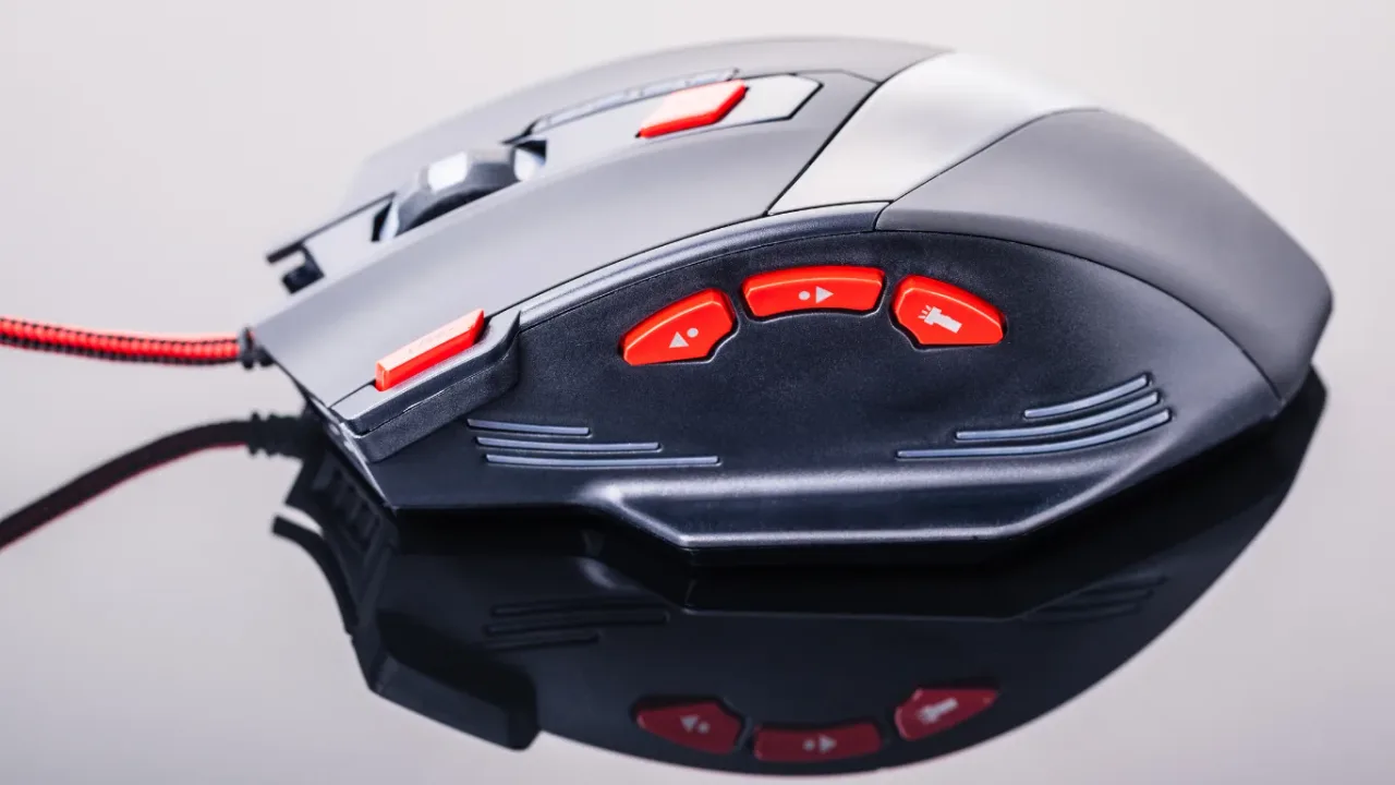 Gaming Mouse Selection featuring a wired gaming mouse with customizable side buttons, ergonomic design, and red accent controls.