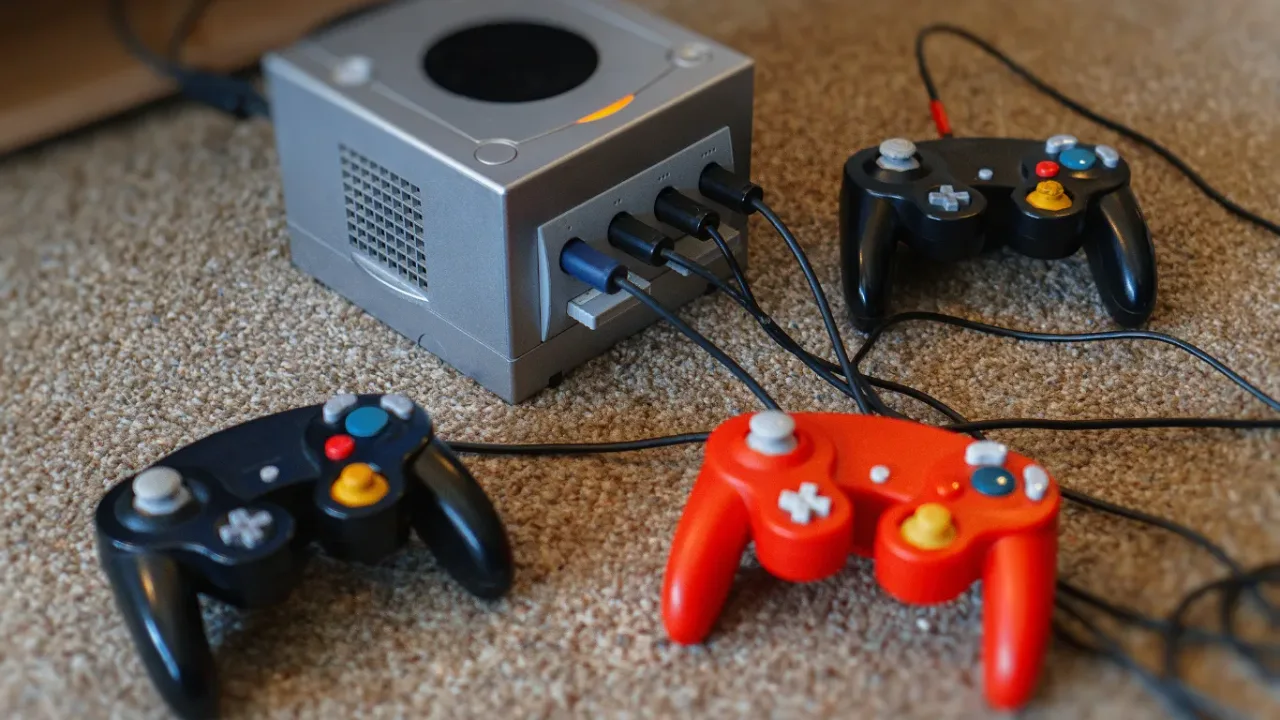 Retro Gaming Emulation setup featuring a silver GameCube-style console with three wired controllers on a carpeted floor.