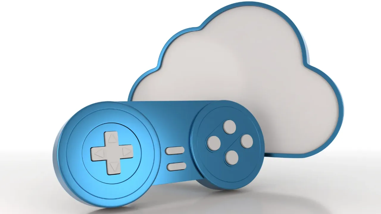 Cloud Gaming Services concept featuring a blue game controller icon in front of a cloud symbol on a clean white background.