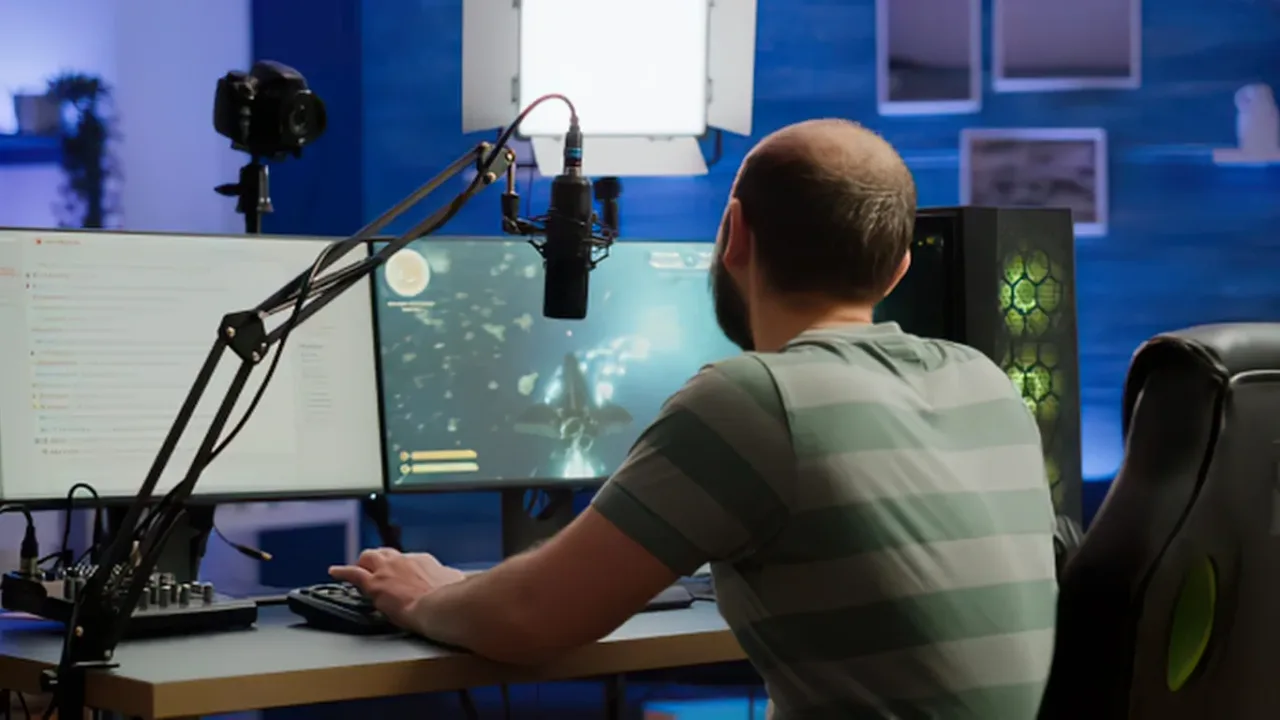 Game Streaming Setup featuring a streamer at a dual-monitor PC with a microphone, camera, studio lighting, and gaming desktop.