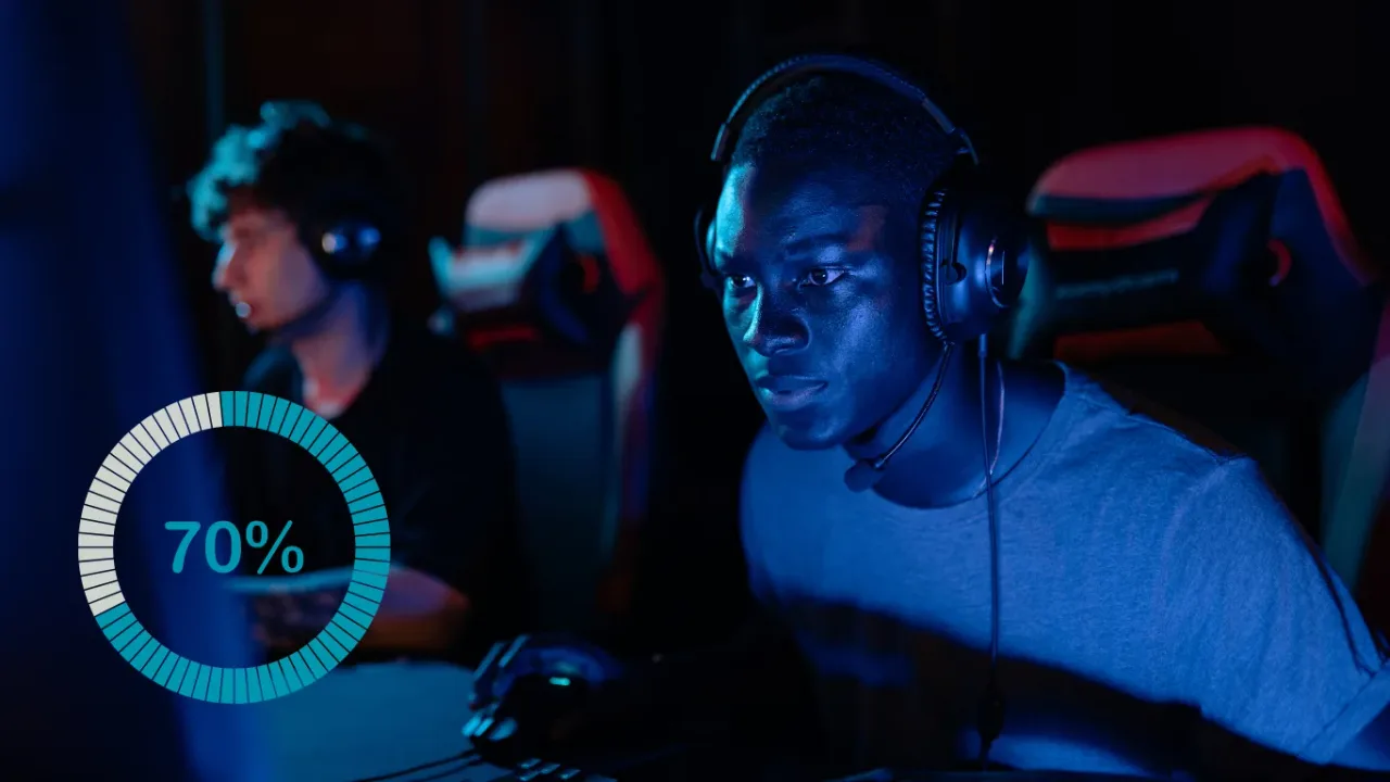 Early Access Graduation concept showing a focused gamer with a progress indicator, representing a game moving from early access to full release.