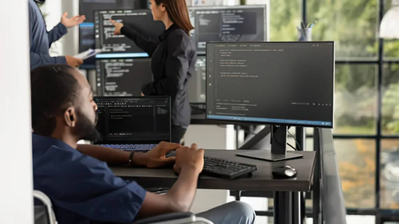 Software developers collaborating in a modern office with multiple monitors displaying code, representing a Developer Conference focused on programming, software development, and technology innovation.