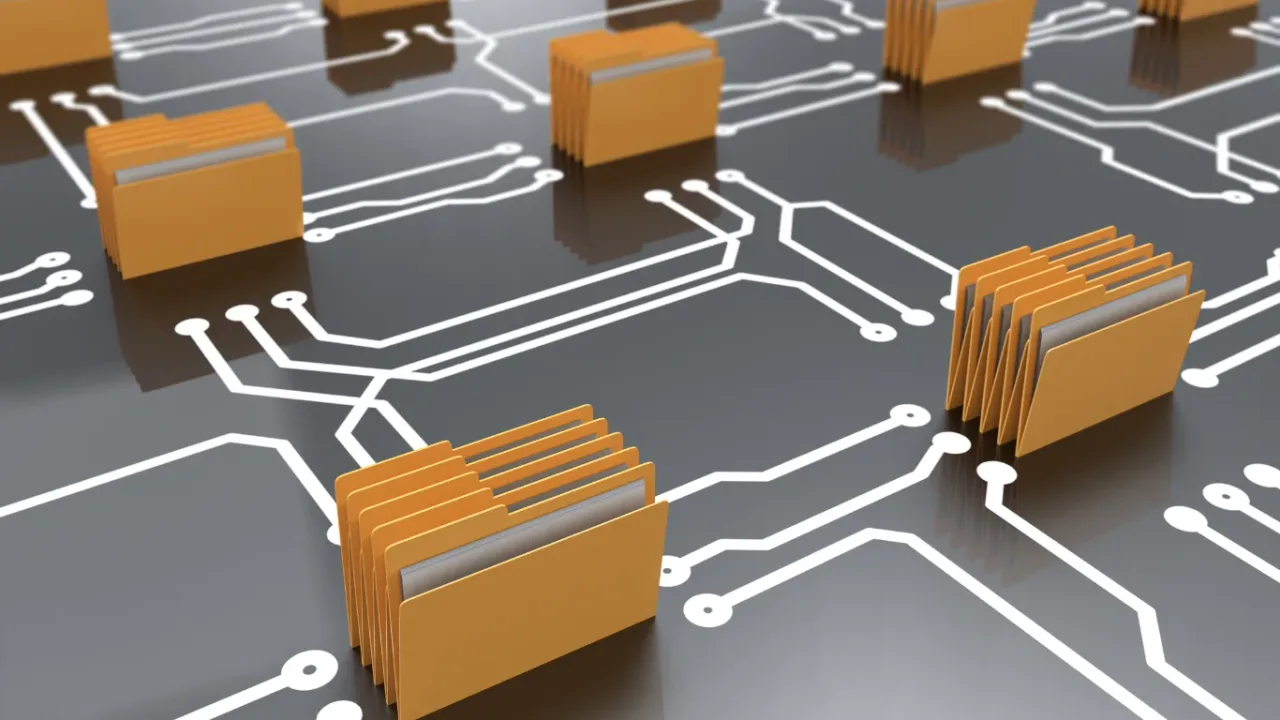 Digital folders connected across a circuit board, representing a Digital Archive for secure data storage and organization.