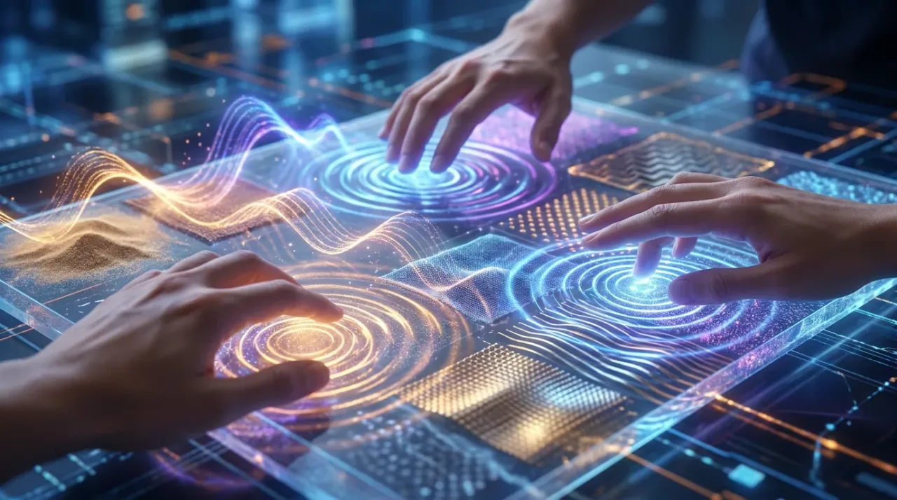 Hands interacting with glowing digital surfaces that visualize Haptic Feedback through colorful waves and responsive touch patterns.