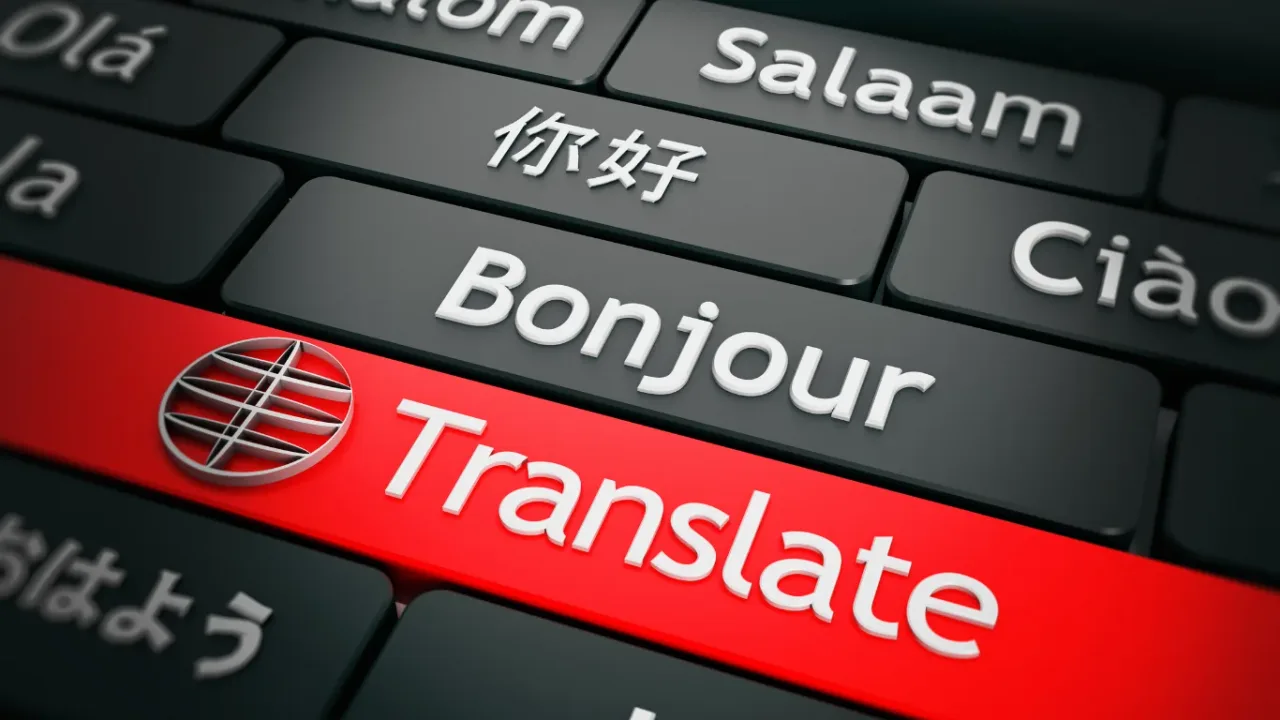 Keyboard with multilingual keys and a red Translate button, representing Fan Translation across different languages.