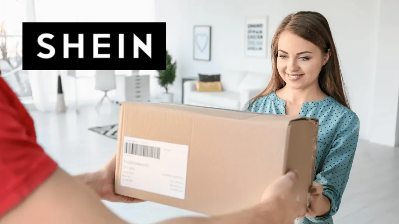 Woman receiving a package delivery from the Shein Free Trial program