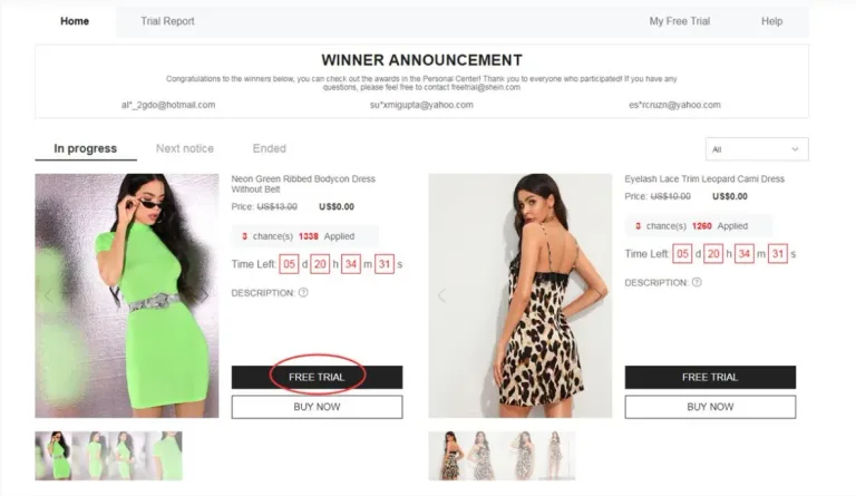 Shein Free Trial page showing available items with the FREE TRIAL button highlighted