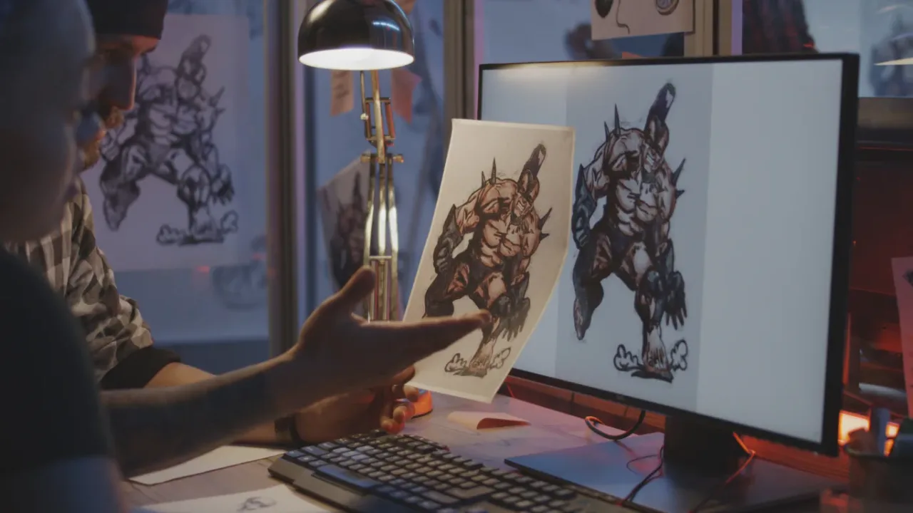 Game artist comparing a hand-drawn character concept with its digital version, highlighting Game Development Transparency.