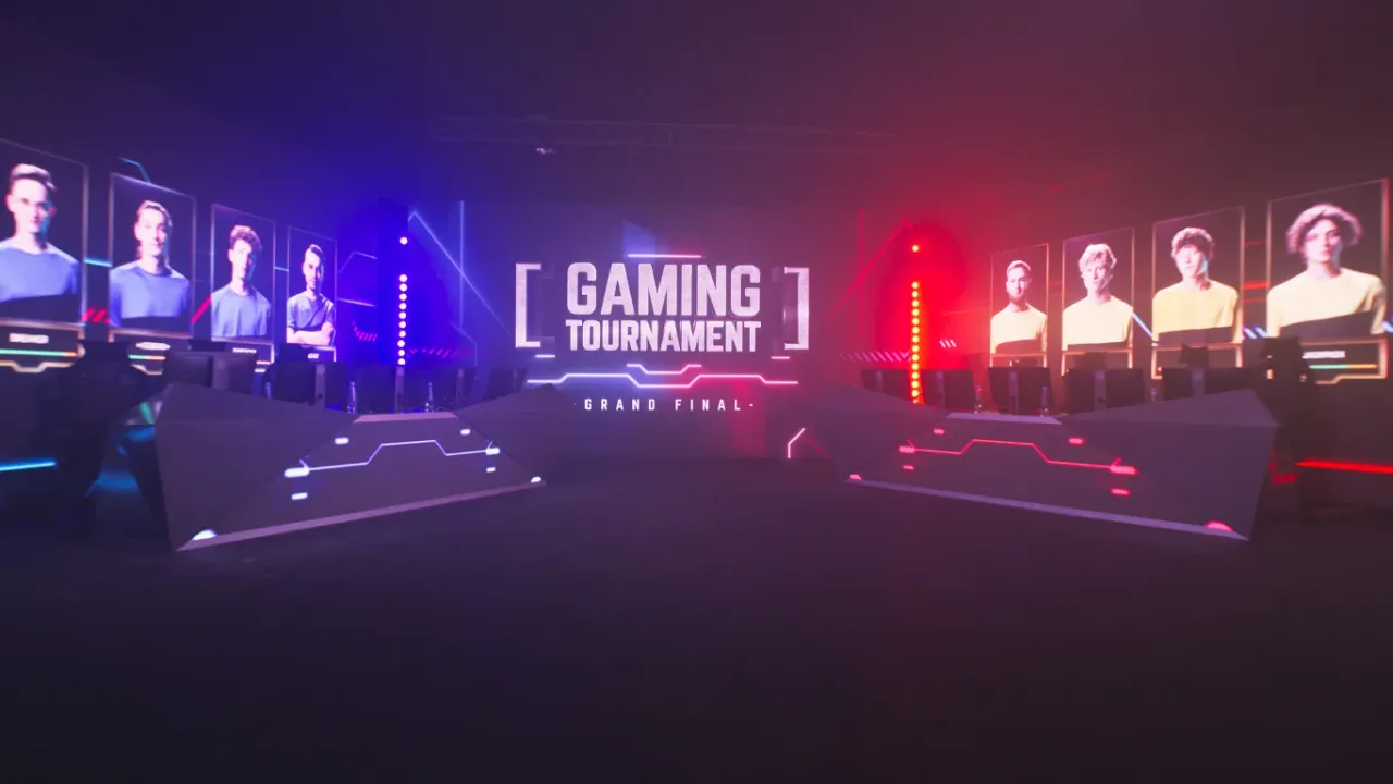 Gaming tournament stage set for the grand final, with competing teams facing off under dramatic red and blue lighting.