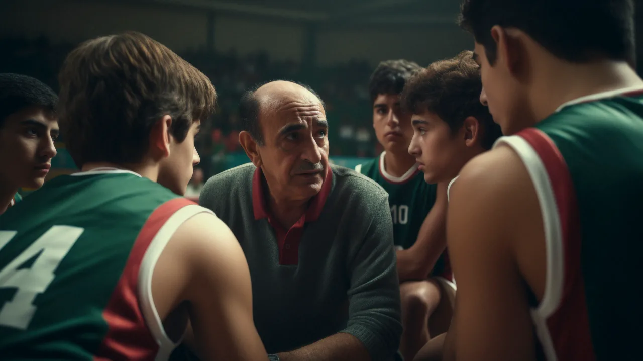 portrait basketball coach with players