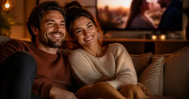 Casal assistindo a uma comédia romântica em casa