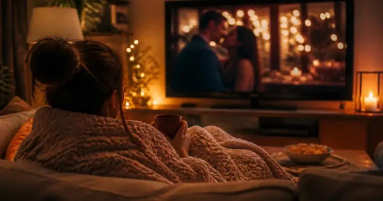 Pessoa assistindo a um romance em uma sala aconchegante
