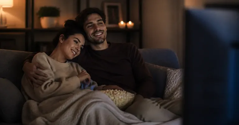 Casal assistindo a séries românticas em casa
