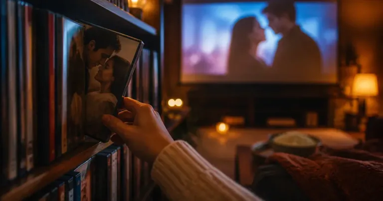Seleção de filmes românticos em uma prateleira de mídia