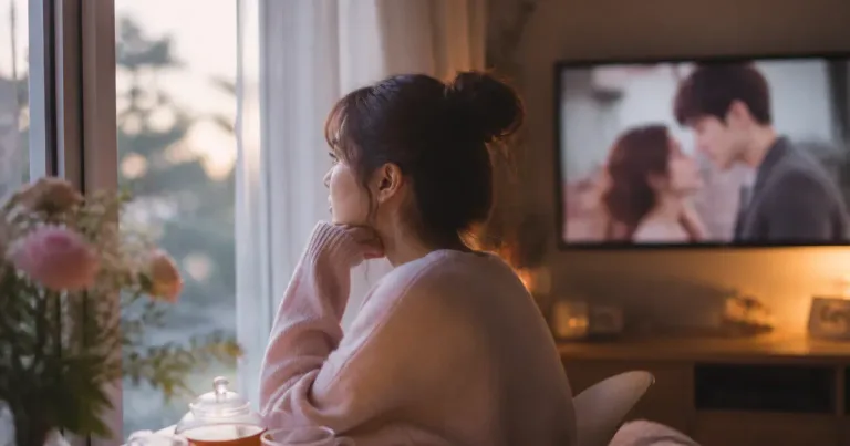 Pessoa em ambiente romântico assistindo a doramas