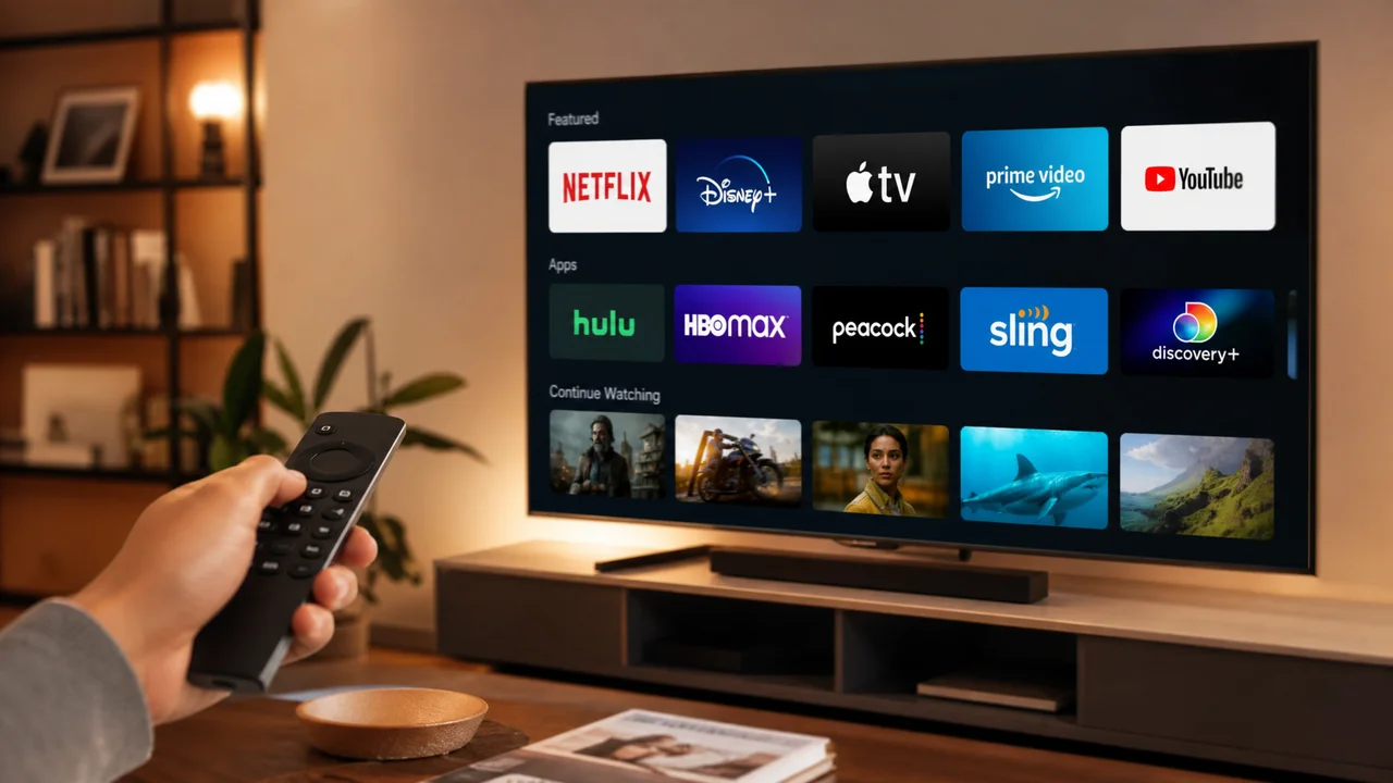 Smart TV displaying streaming apps on its home screen in a modern living room