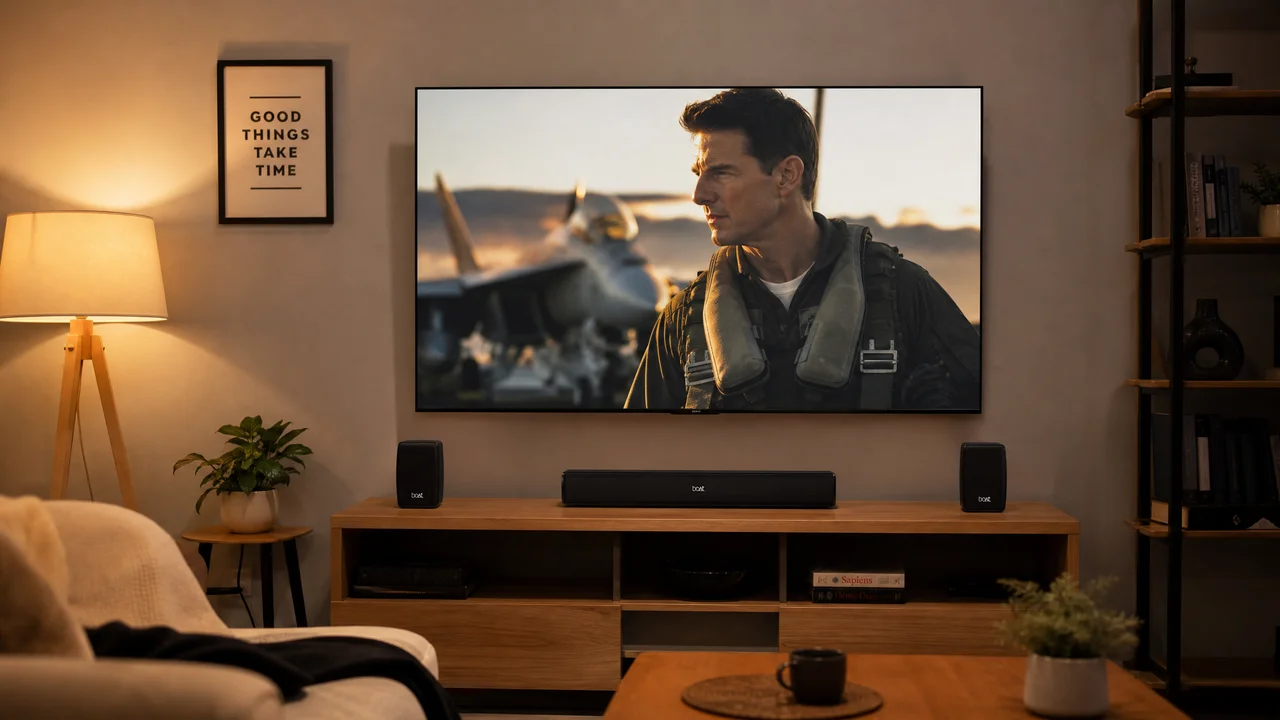 Home theater streaming audio setup with soundbar and speakers under a TV in a cozy living room
