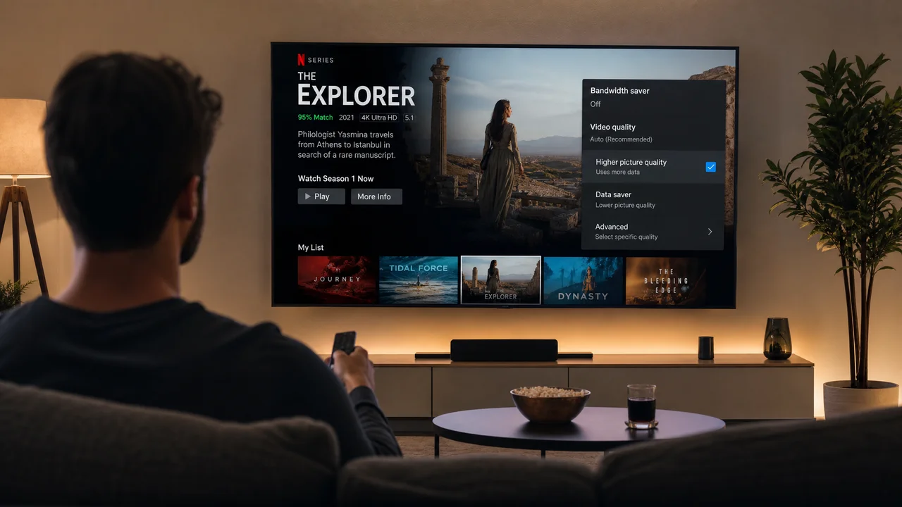 Streaming quality settings on a TV screen in a modern living room