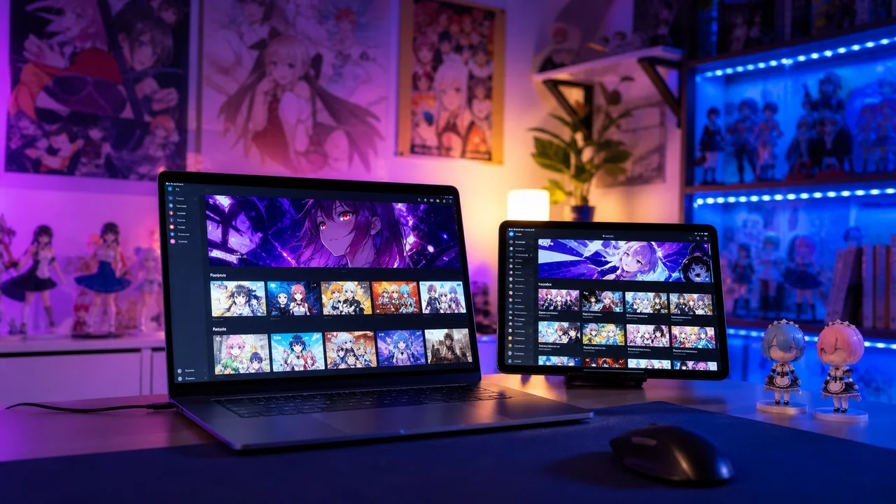 Anime streaming setup with laptop and tablet displaying anime content in a colorful room