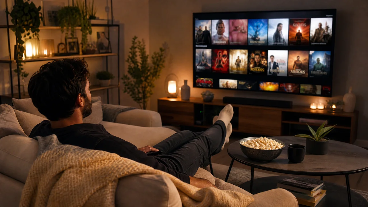Person relaxing on a sofa watching a streaming service on a large TV in a cozy living room