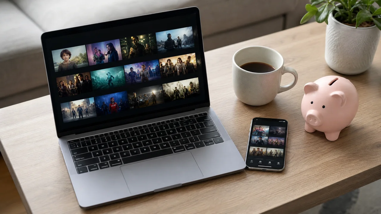 Laptop and smartphone showing streaming services with a piggy bank symbolizing bundle savings
