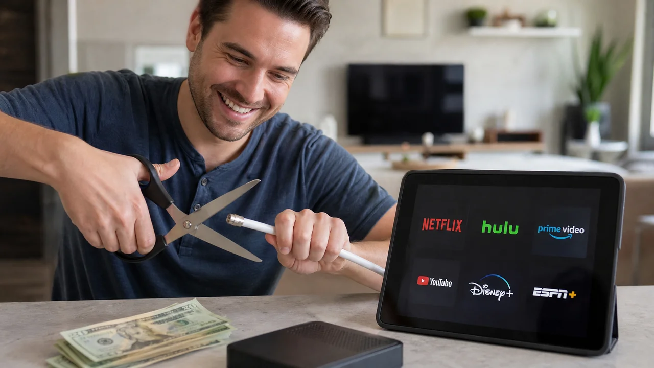 Person cutting a cable cord with streaming apps and money savings in the background