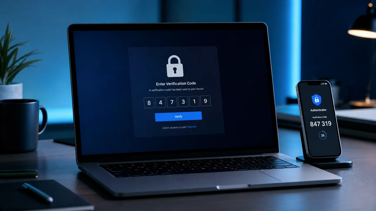 Laptop showing a secure login page with two-factor authentication and a smartphone with a verification code