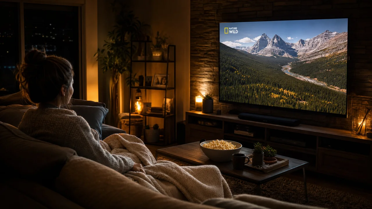 Person watching a nature documentary on TV in a cozy living room setting