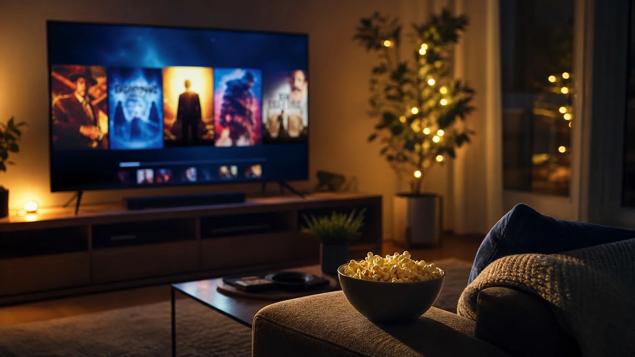 Cozy living room with TV showing a movie selection carousel and a bowl of popcorn