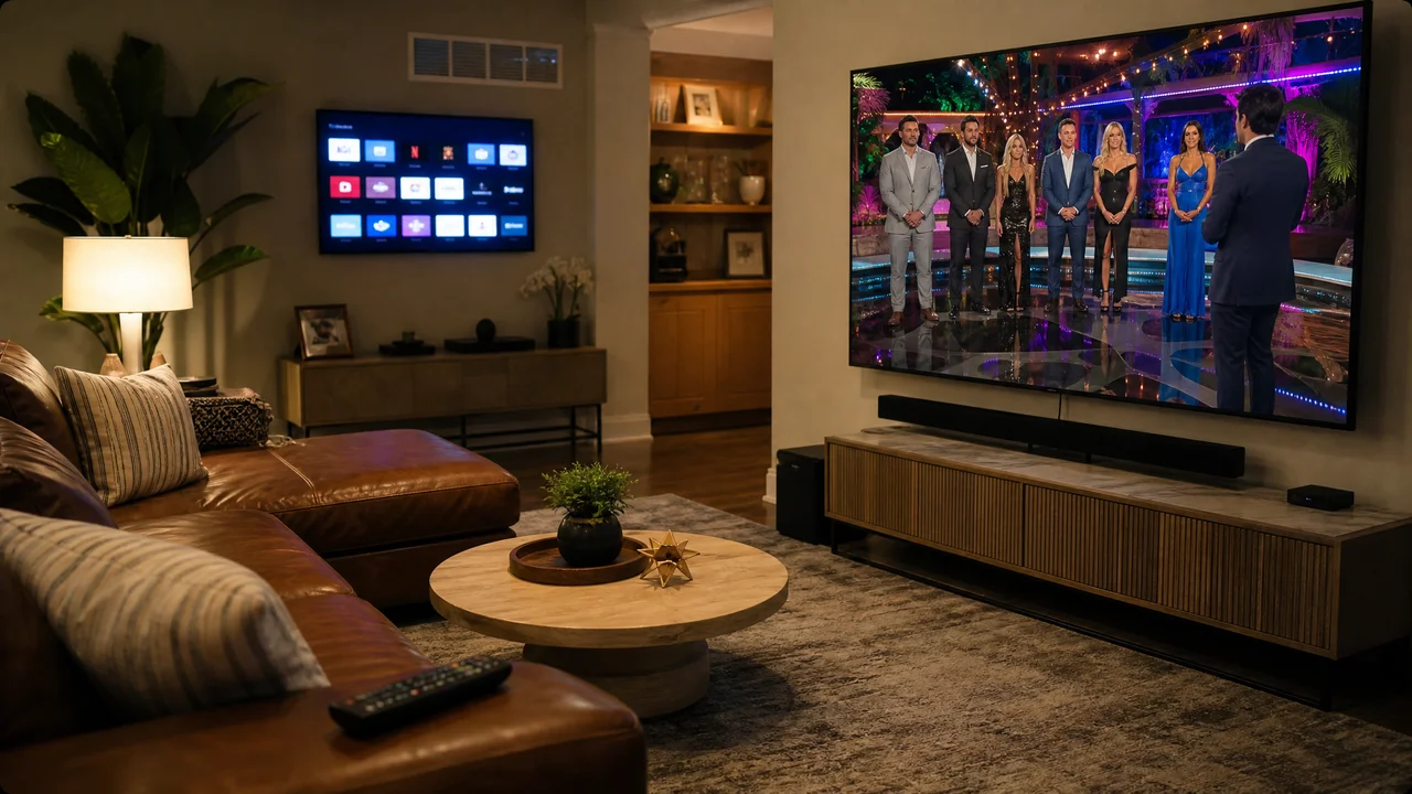 Smart TV displaying a reality TV show in a modern living room with streaming apps nearby
