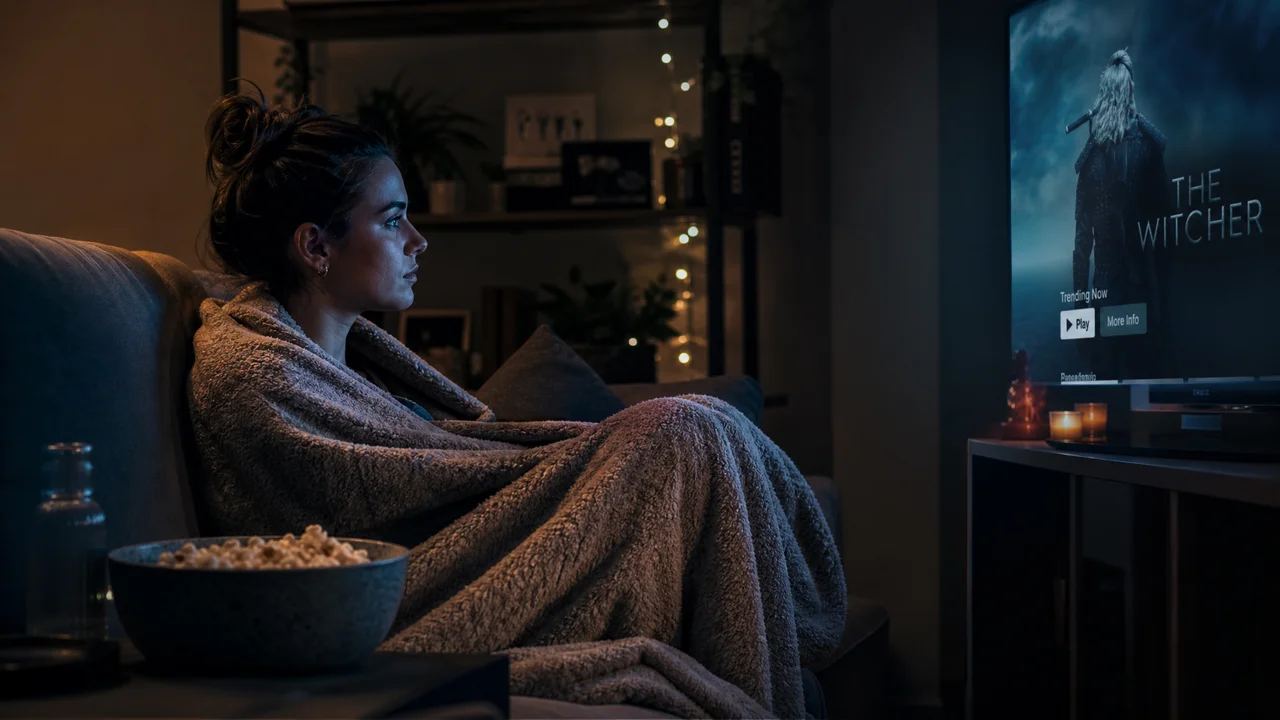 Person binge-watching a series on the couch with popcorn in a cozy evening setting