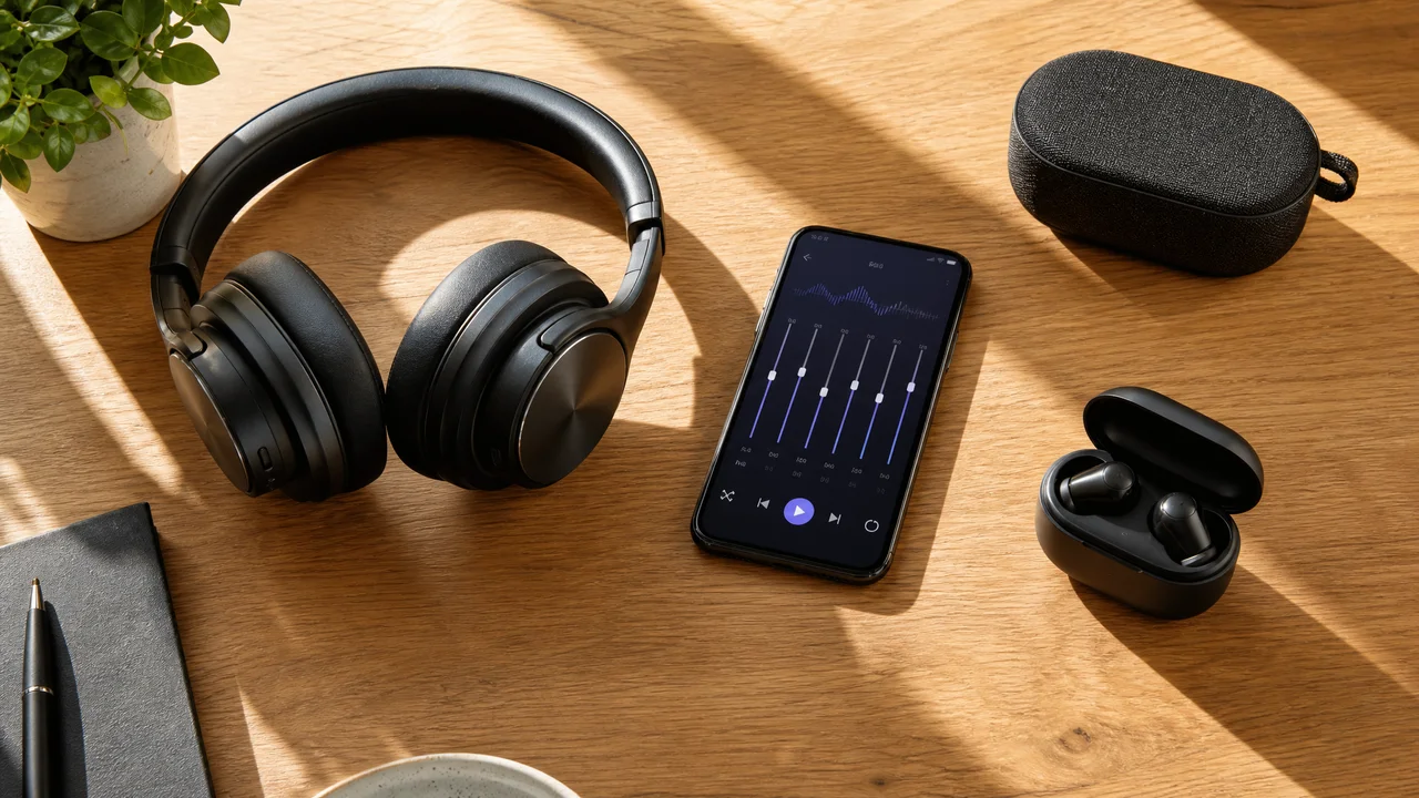 Premium headphones, smartphone with music streaming app, and portable speaker on a wooden desk