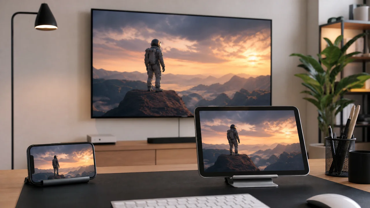 Smartphone, tablet, and TV all streaming the same content simultaneously in a modern home