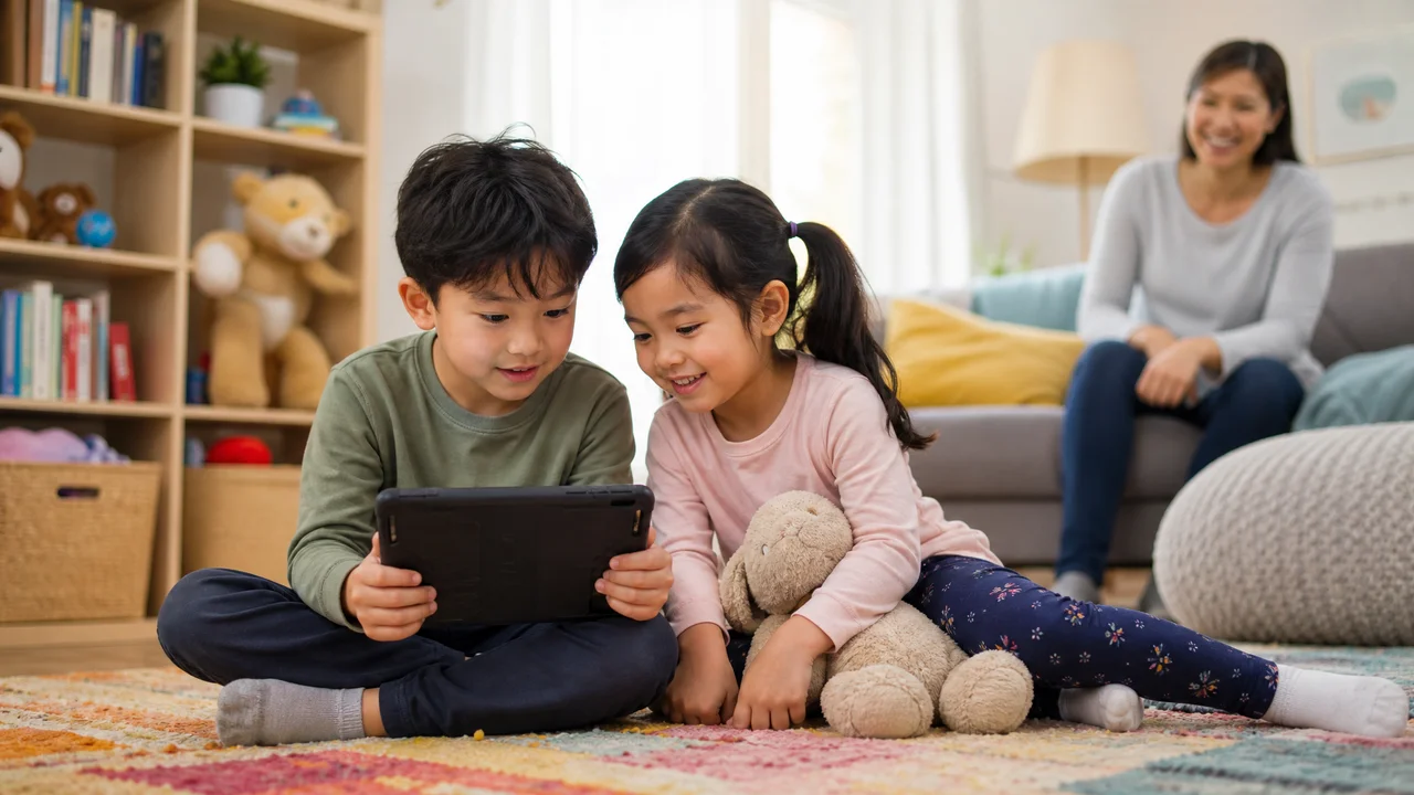 Two children watching a tablet with kid-friendly content in a bright cheerful living room