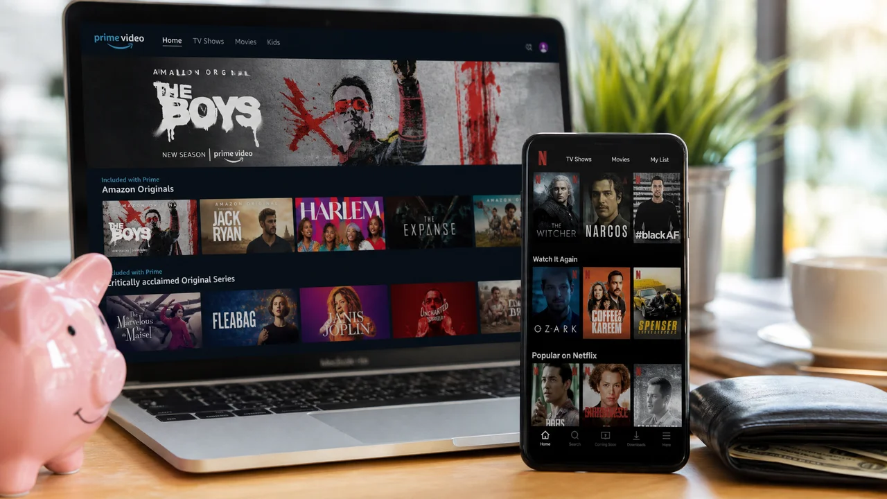 Smartphone and laptop showing streaming platforms with a piggy bank symbolizing affordable quality content