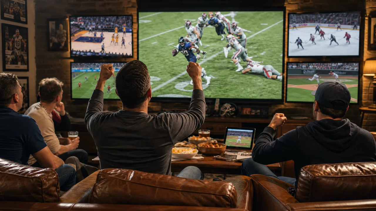 Sports bar-style living room with multiple screens showing different live sports games