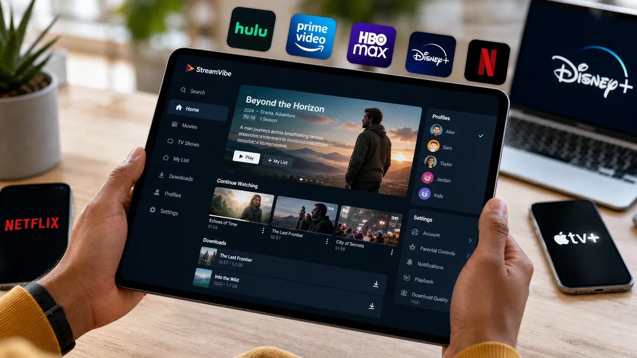 Hands holding a tablet showing streaming app features and subscription options