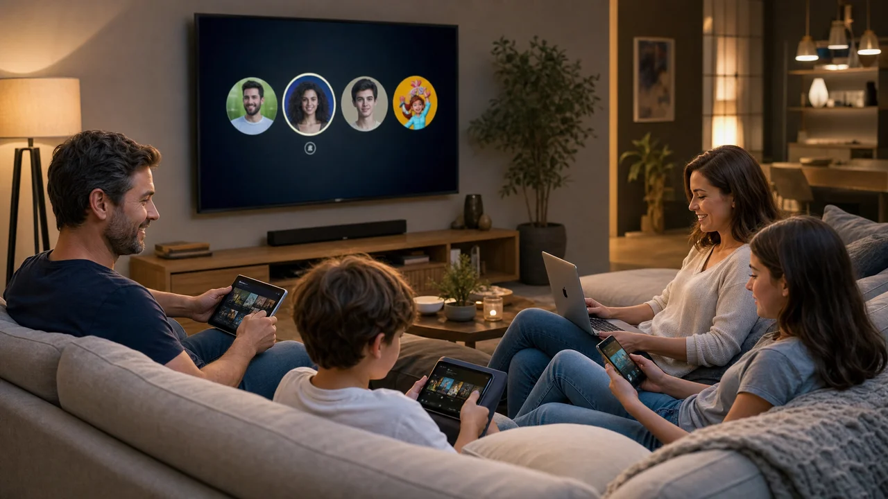 Family of four on a sofa each with their own device, TV showing streaming profile selection