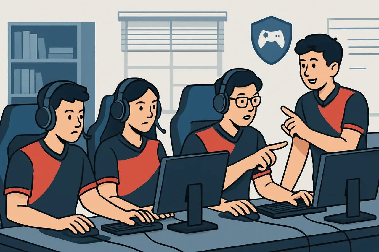 College esports team practicing together in a gaming lounge.