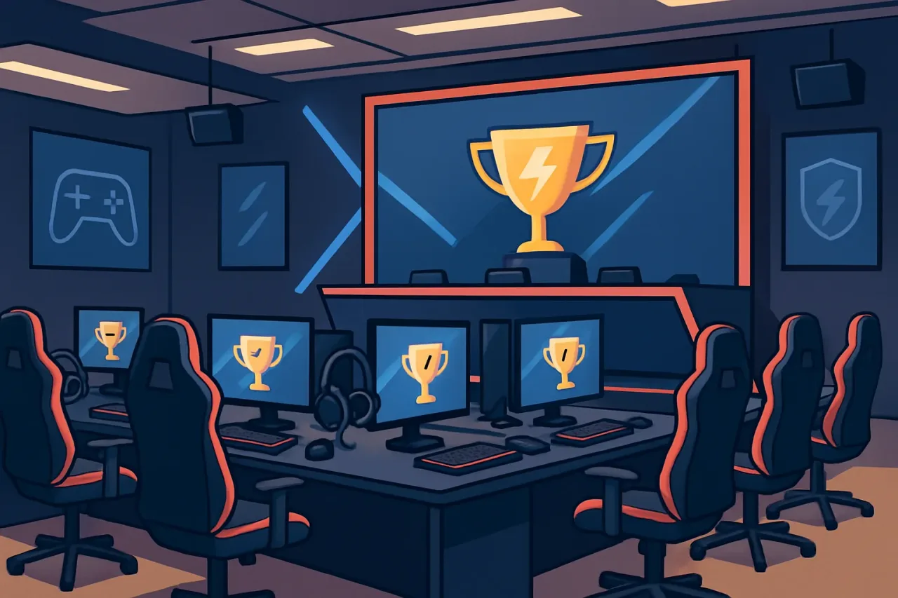 Esports arena with optimal layout and efficient cord management.