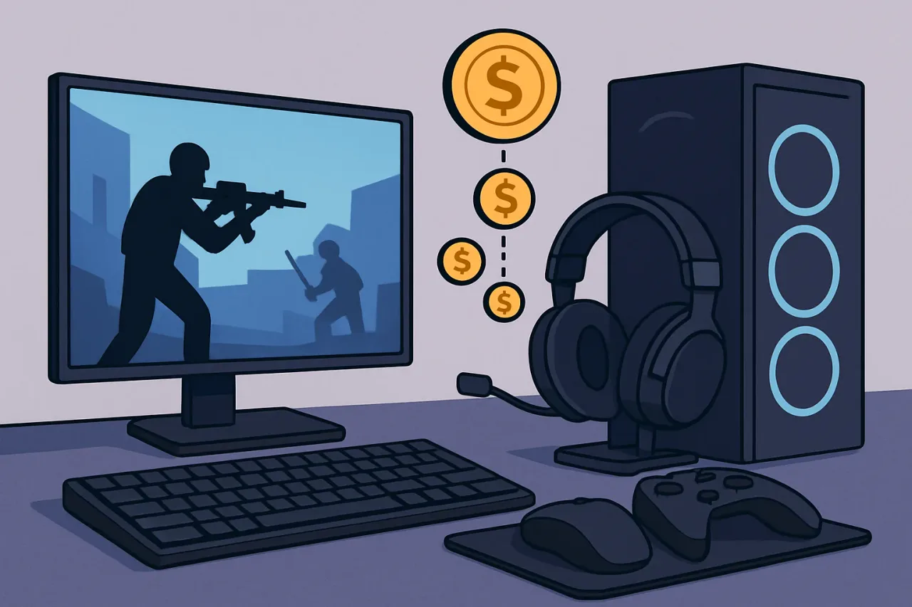 Gaming desk featuring peripherals that require subscription services.