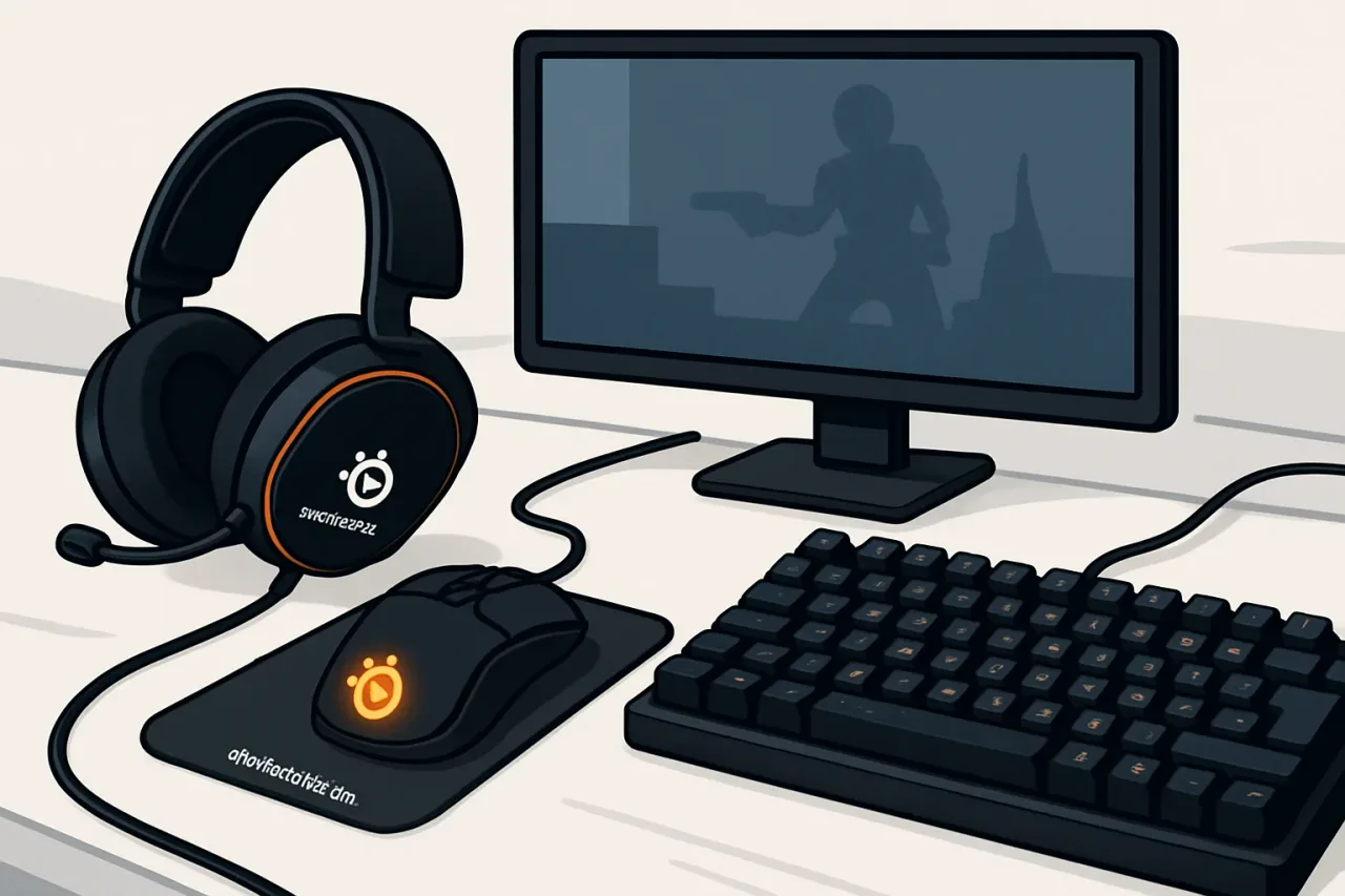 SteelSeries headset, keyboard, and mouse arranged on a desk