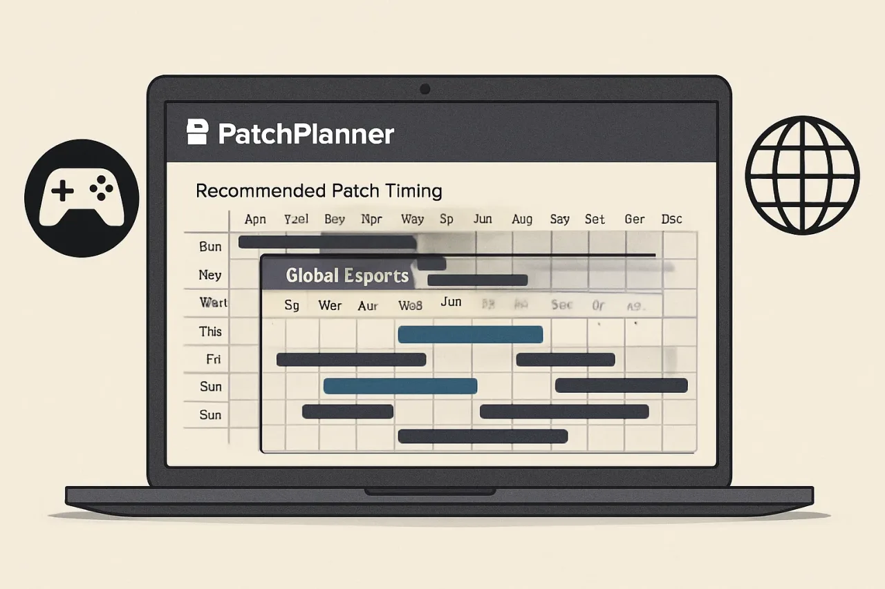 PatchPlanner interface with patch schedule and esports event overlay.