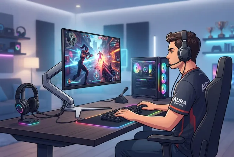Ergonomic gaming desk setup with esports monitor